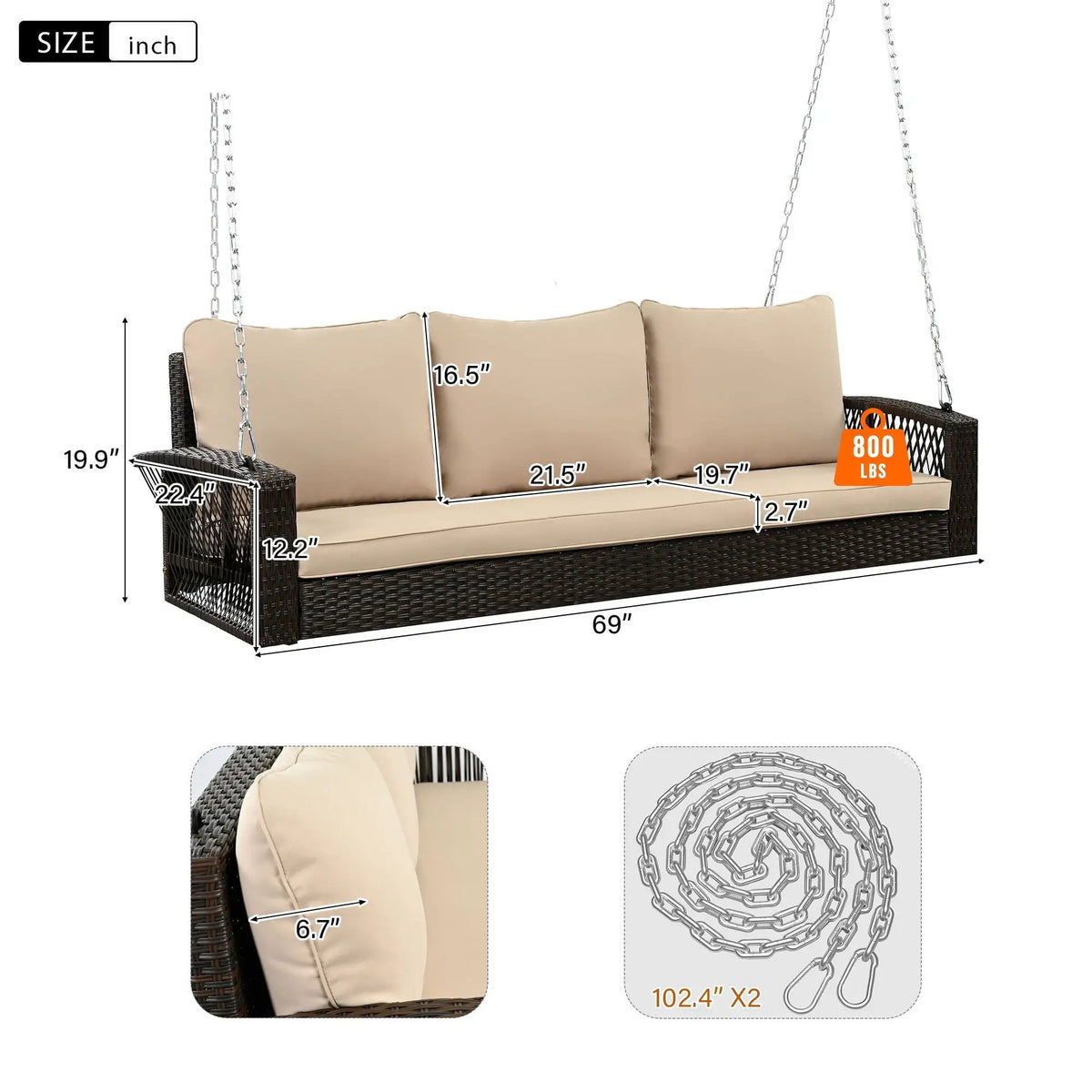 3 Person Patio Swing Bench | Hand-Woven PE Rattan | Cushions Included | Double-Strand Weave