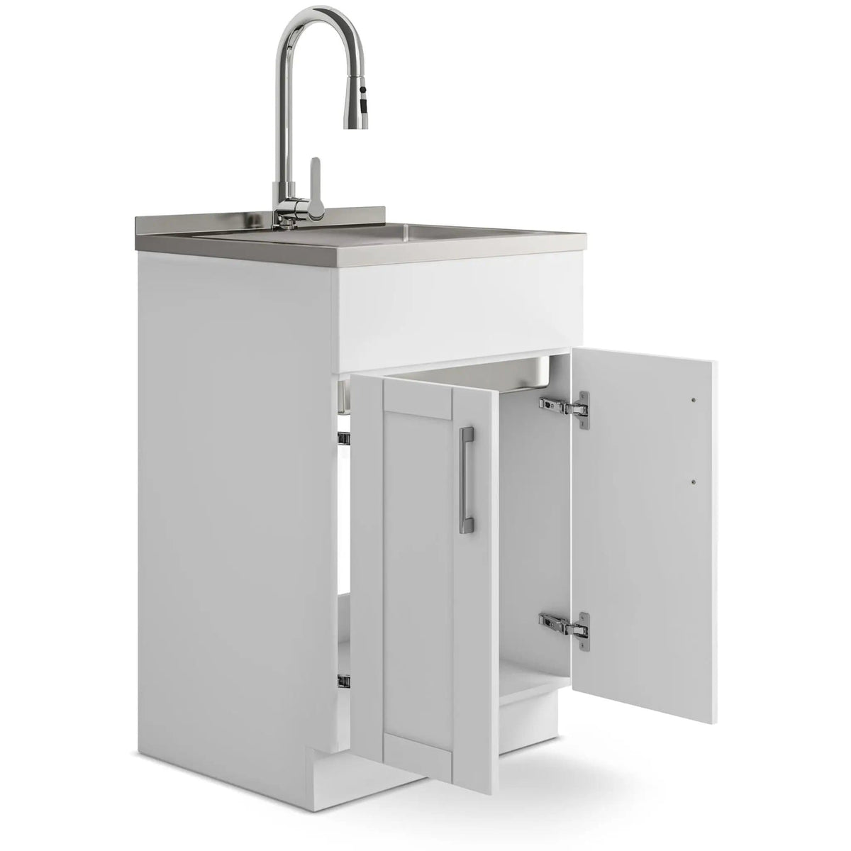 Shaker Modern Wide, Laundry Cabinet With Faucet And Stainless Steel Sink Vanity | 2 Pieces | Stainless Steel | Bathroom