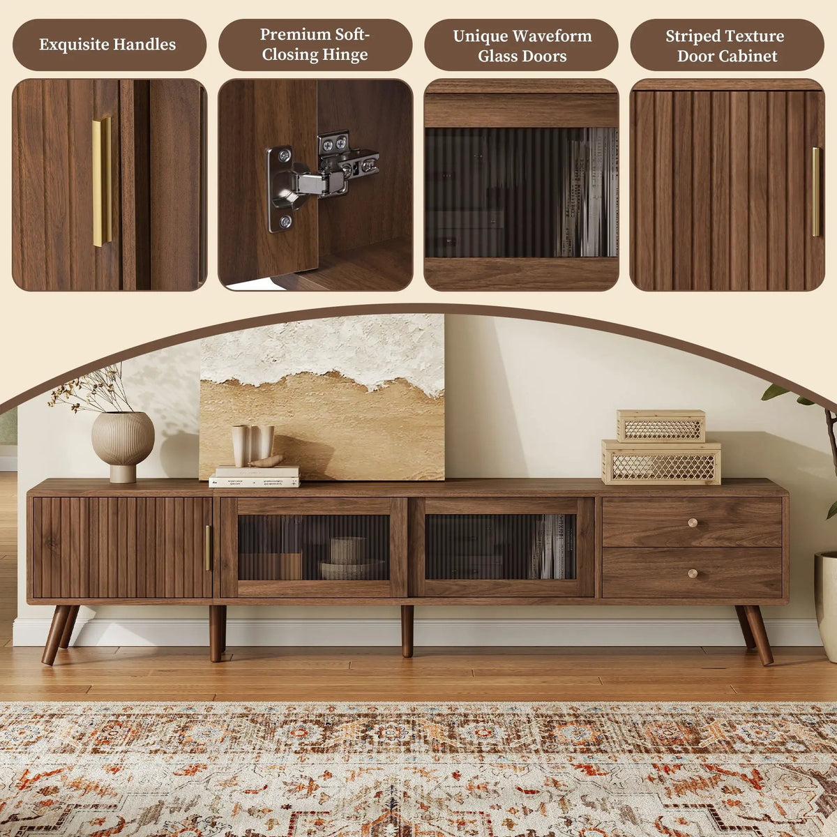 TV Stand | Fits 85 Inch TV | Tempered Glass Doors | Natural