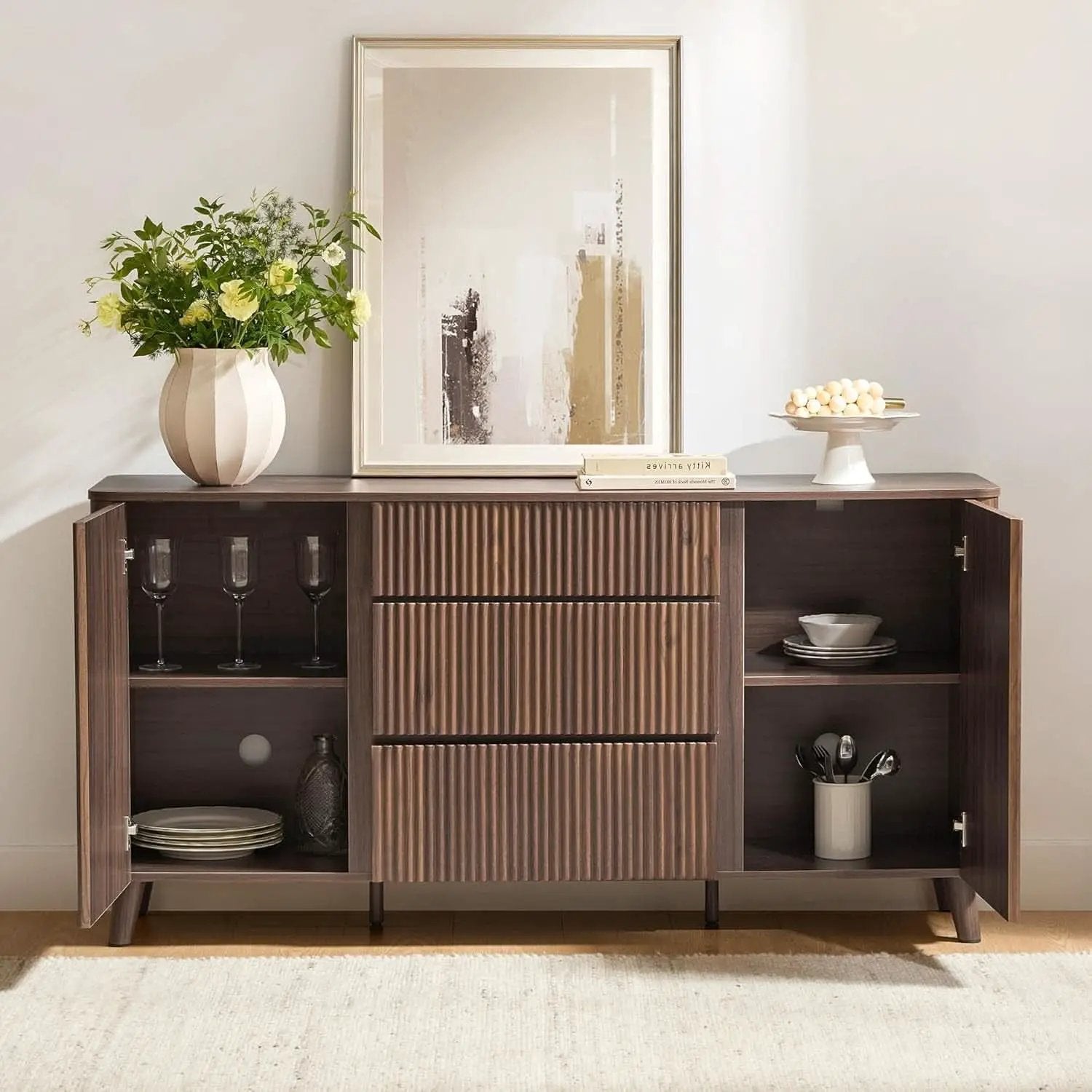 62 Inch Walnut Sideboard Buffet With Adjustable Shelves from PriceLows™