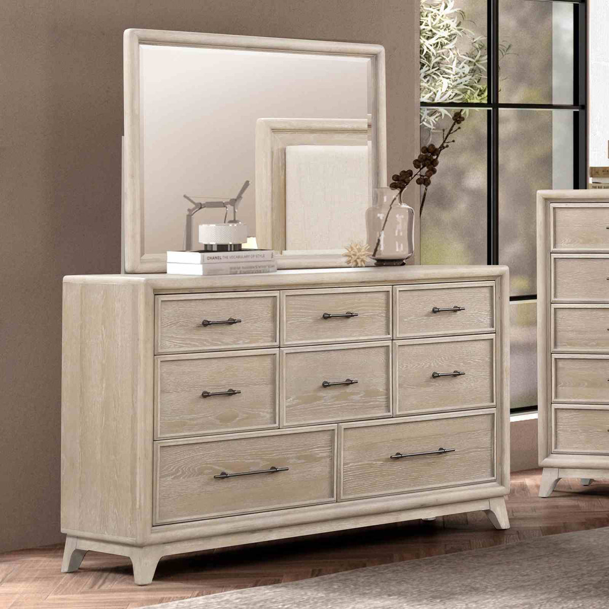 8 Drawer Dresser With Mirror | Oak Finish | Solid Rubberwood | Transitional Style