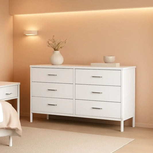 Fabric Dresser | Six Fabric Drawers With Leather-Front Panels | Wood Top With Water-Resistant, Wipe-Clean Finish | White