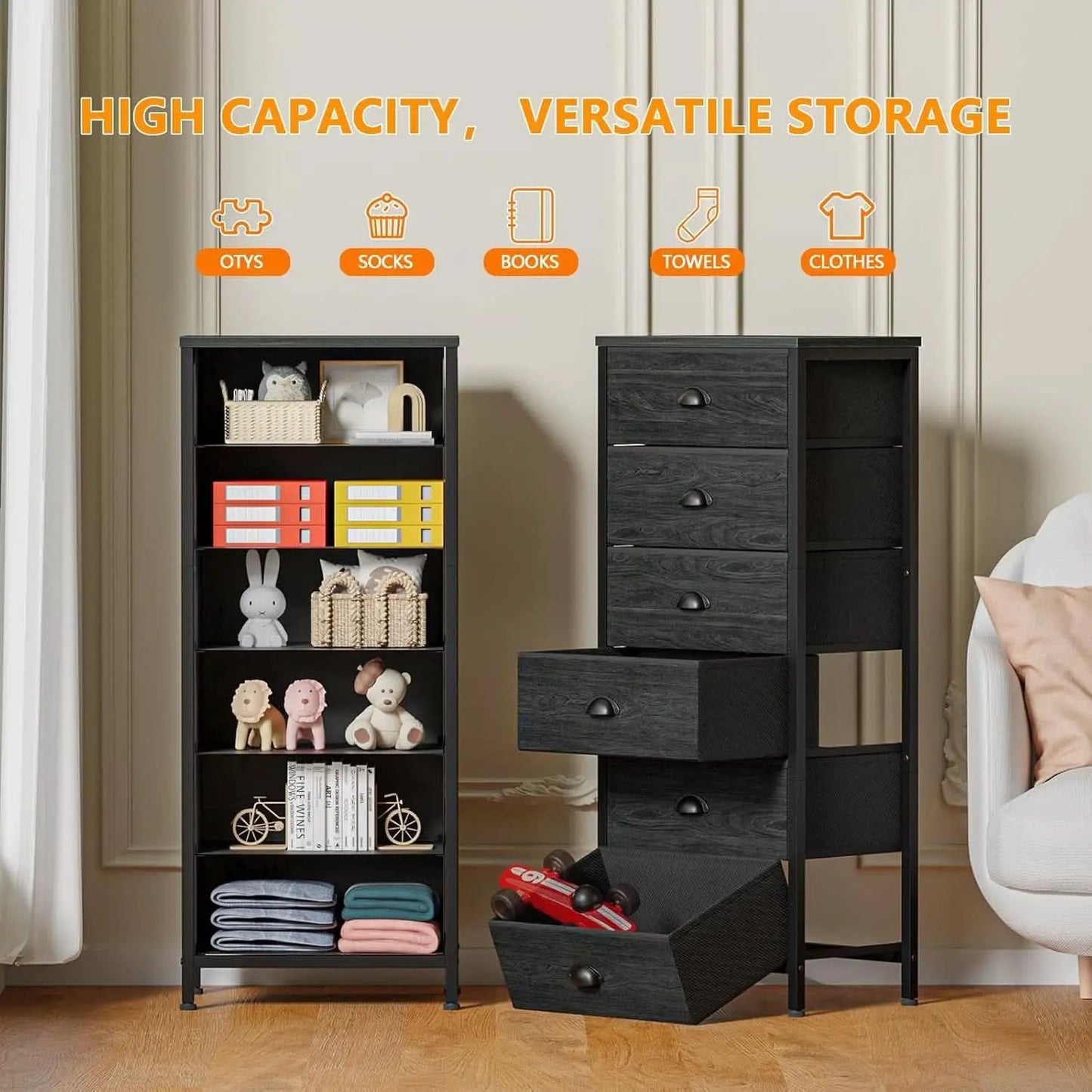 Tall Dresser With 6 Drawers Black Vertical Nightstand from PriceLows™