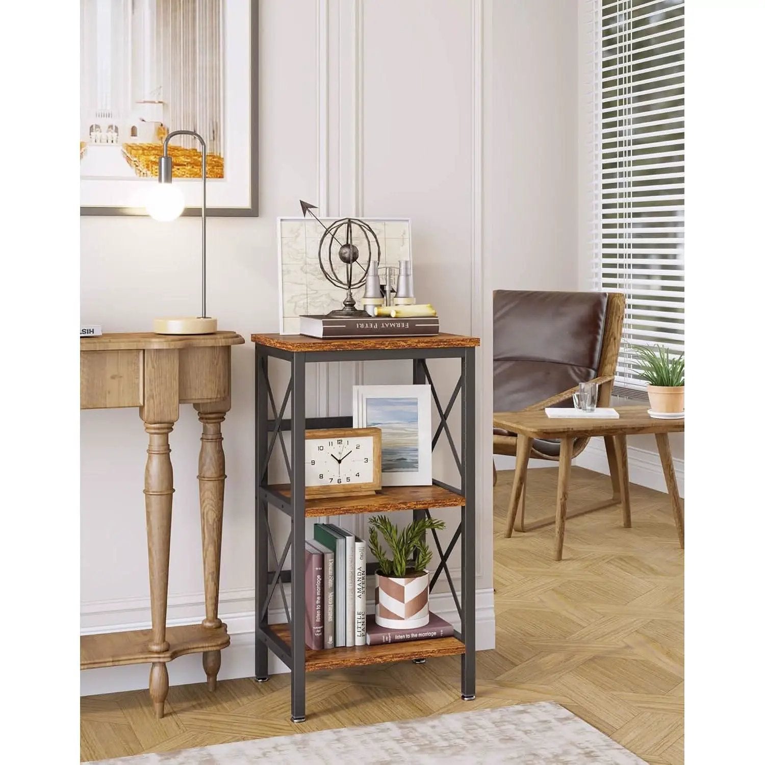 3 Tier Bookcase Industrial Metal Bookshelf With Side Fence in Rustic Brown Living Room Storage Display from PriceLows™