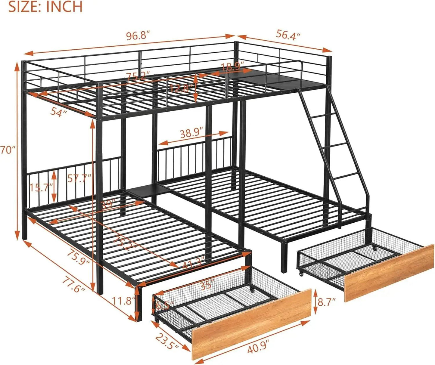 Black Metal Triple Bunk Bed With Drawers Full Over Twin Bunk Beds from PriceLows™