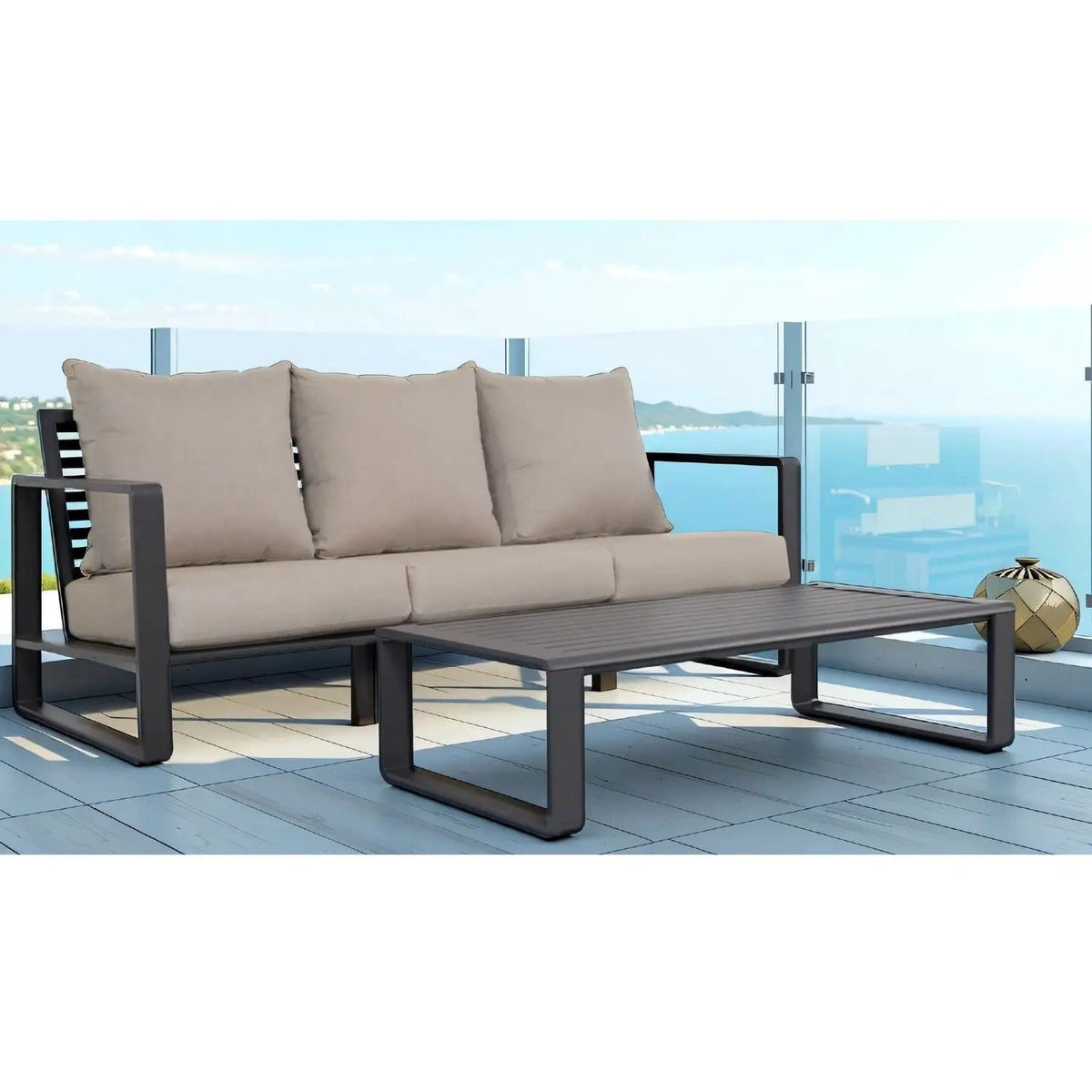 Durable Sofa With Rectangular Coffee Table 2 Piece Outdoor Set | 2 Pieces | Aluminum | Living Room