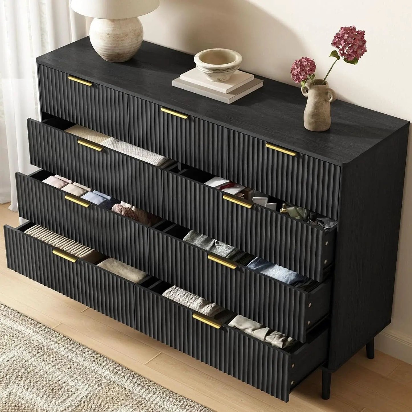 Fluted Nine Drawer Dresser 55 Inch Matte Black With Gold Handles from PriceLows™