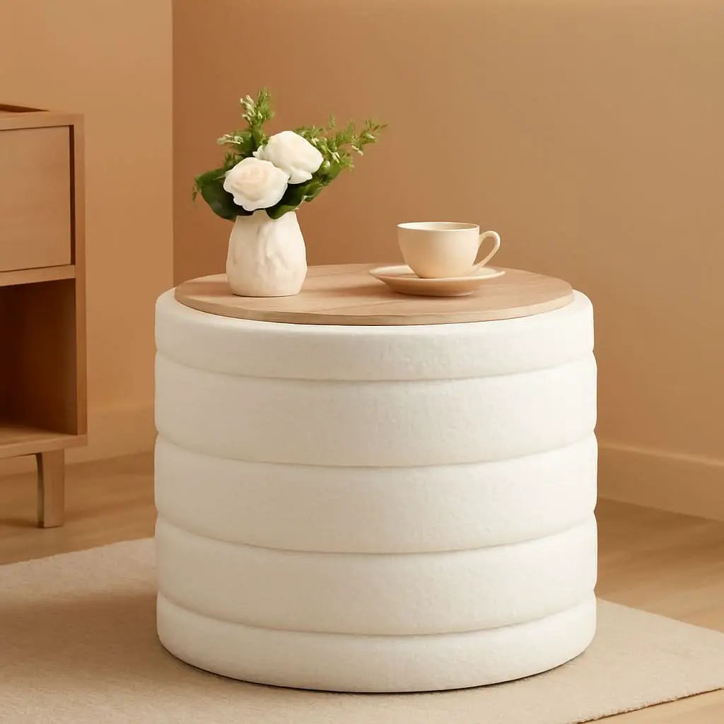White Twenty TwoIn Round Sherpa Boucle Ottoman Tray from PriceLows™