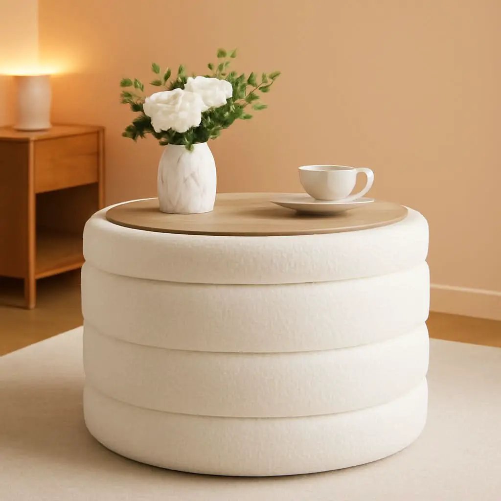 Round Sherpa Boucle Storage Ottoman White 22 Inches from PriceLows™