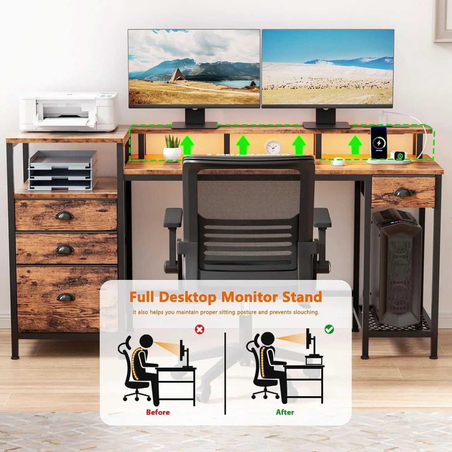 60 Inch Computer Desk With Storage Drawers And LED Lights from PriceLows™