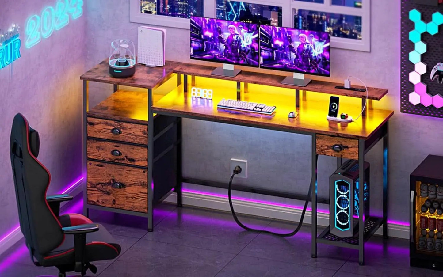 60 Inch Computer Desk With Storage Drawers And LED Lights from PriceLows™