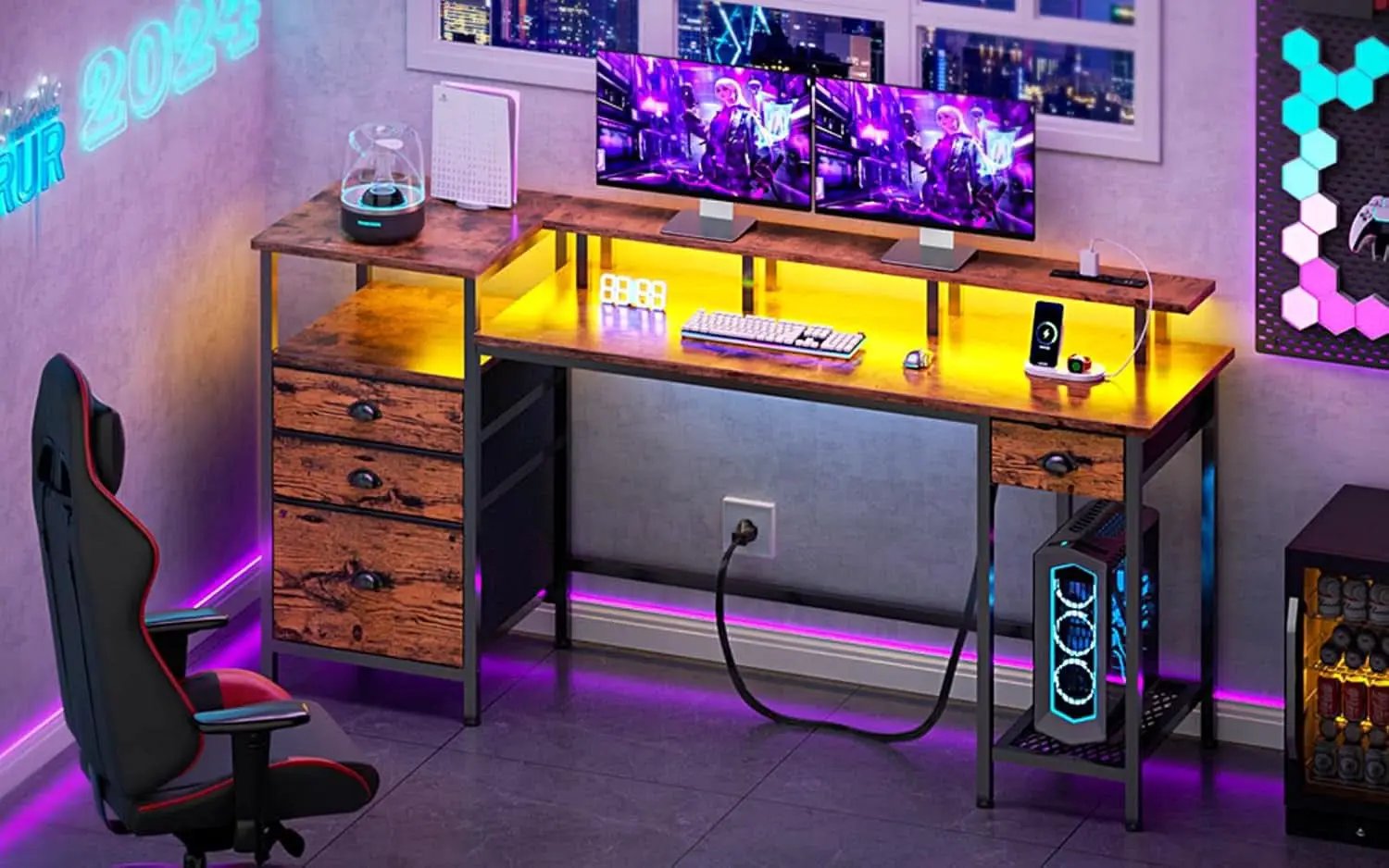 60 Inch Computer Desk With Storage Drawers And LED Lights from PriceLows™