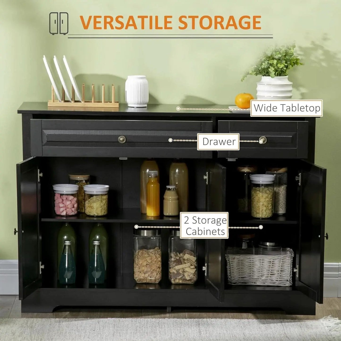 Black Buffet Cabinet With Drawers And Adjustable Shelves from PriceLows™