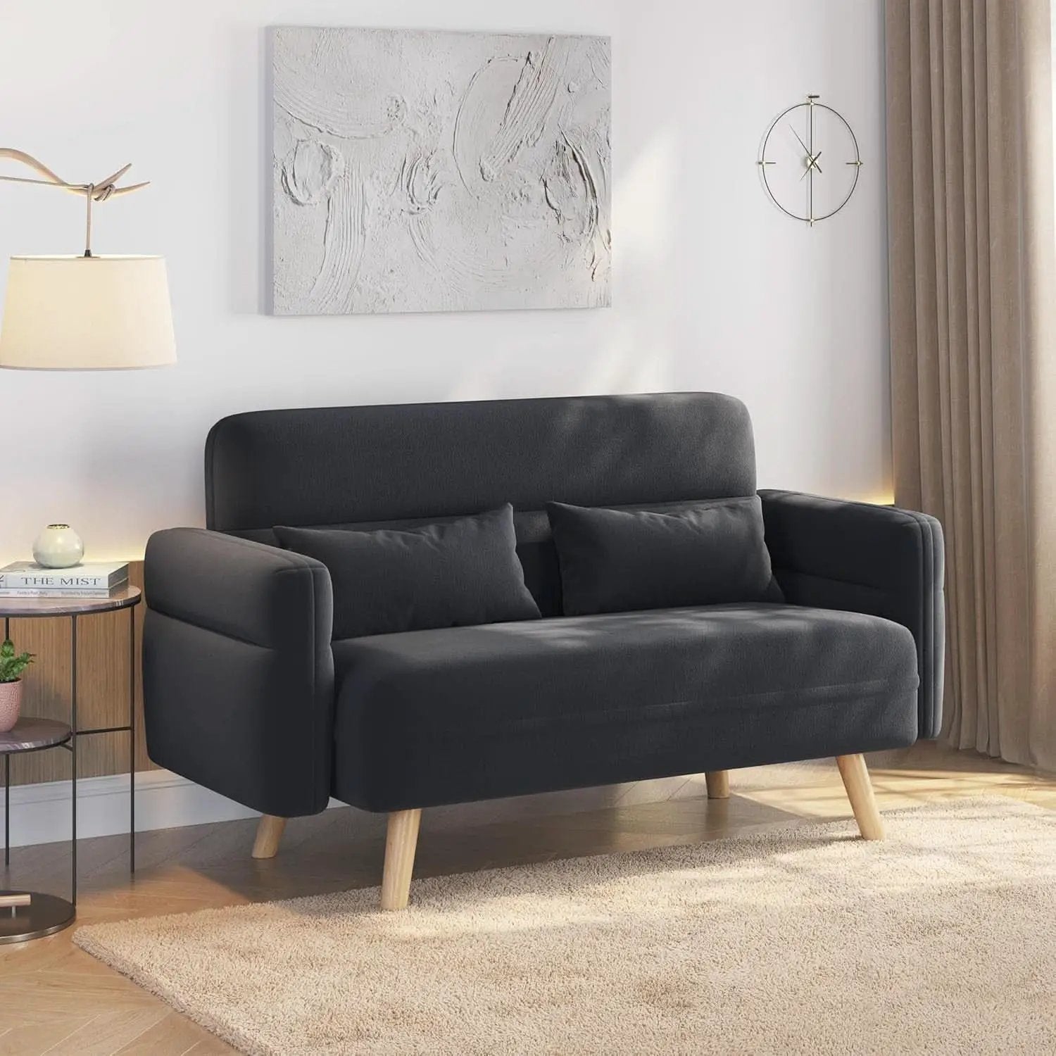 46-Inch Small Modern Fabric Loveseat Dark Gray Solid Wood Legs from PriceLows™