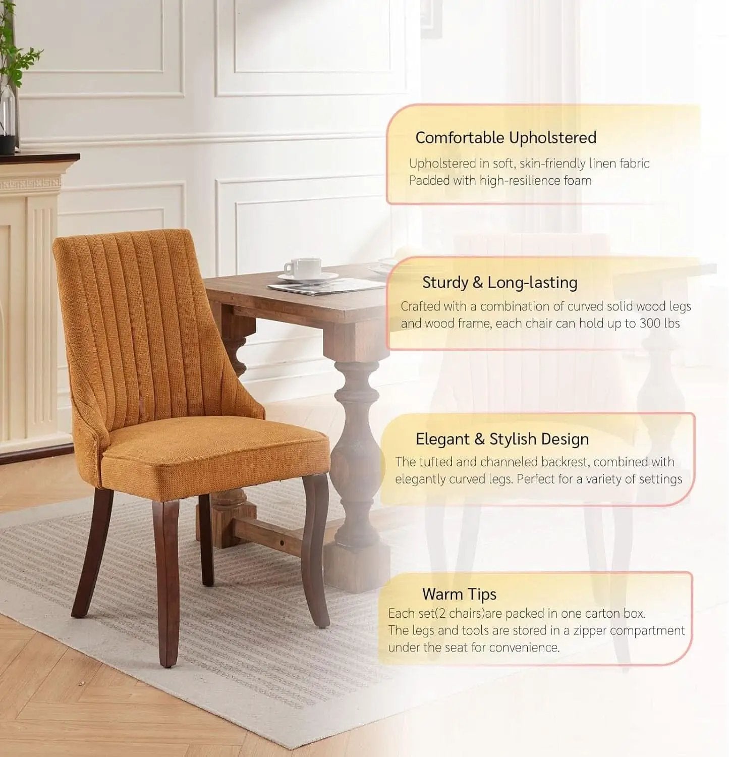 Yellow Linen Dining Chairs Set Of 4 Channel Tufted from PriceLows™