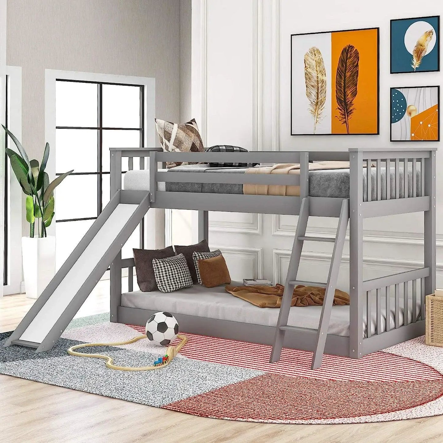 Grey Twin Bunk Bed With Slide Solid Pine Construction from PriceLows™