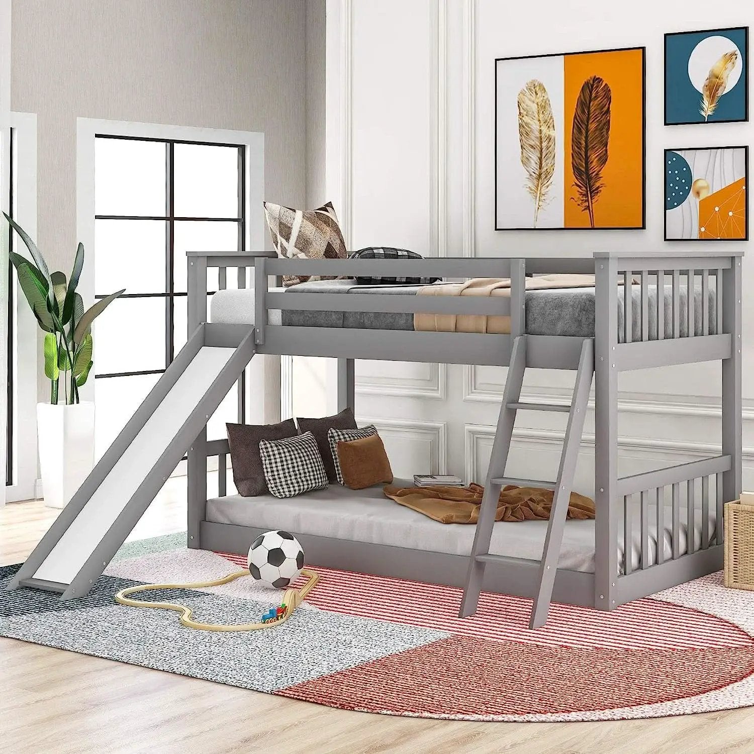 Grey Twin Bunk Bed With Slide Solid Pine Construction from PriceLows™