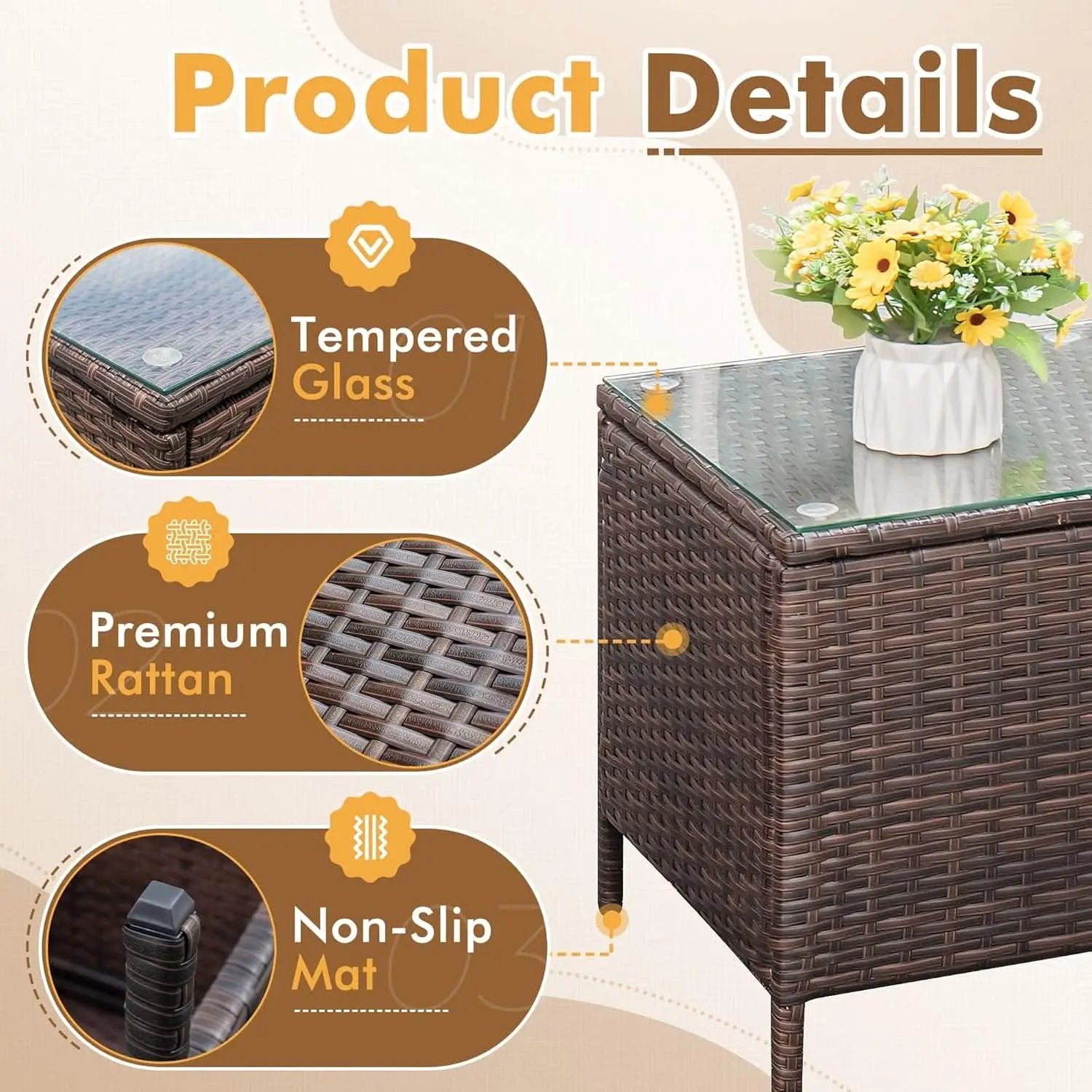 Patio Set 3 Piece All Weather Rattan Glass Table Brown from PriceLows™