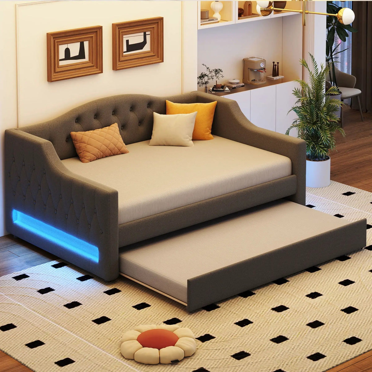 Daybed With LED Lights | Upholstered Trundle Daybed | Thickly Padded Sponge | 84 Inch Length