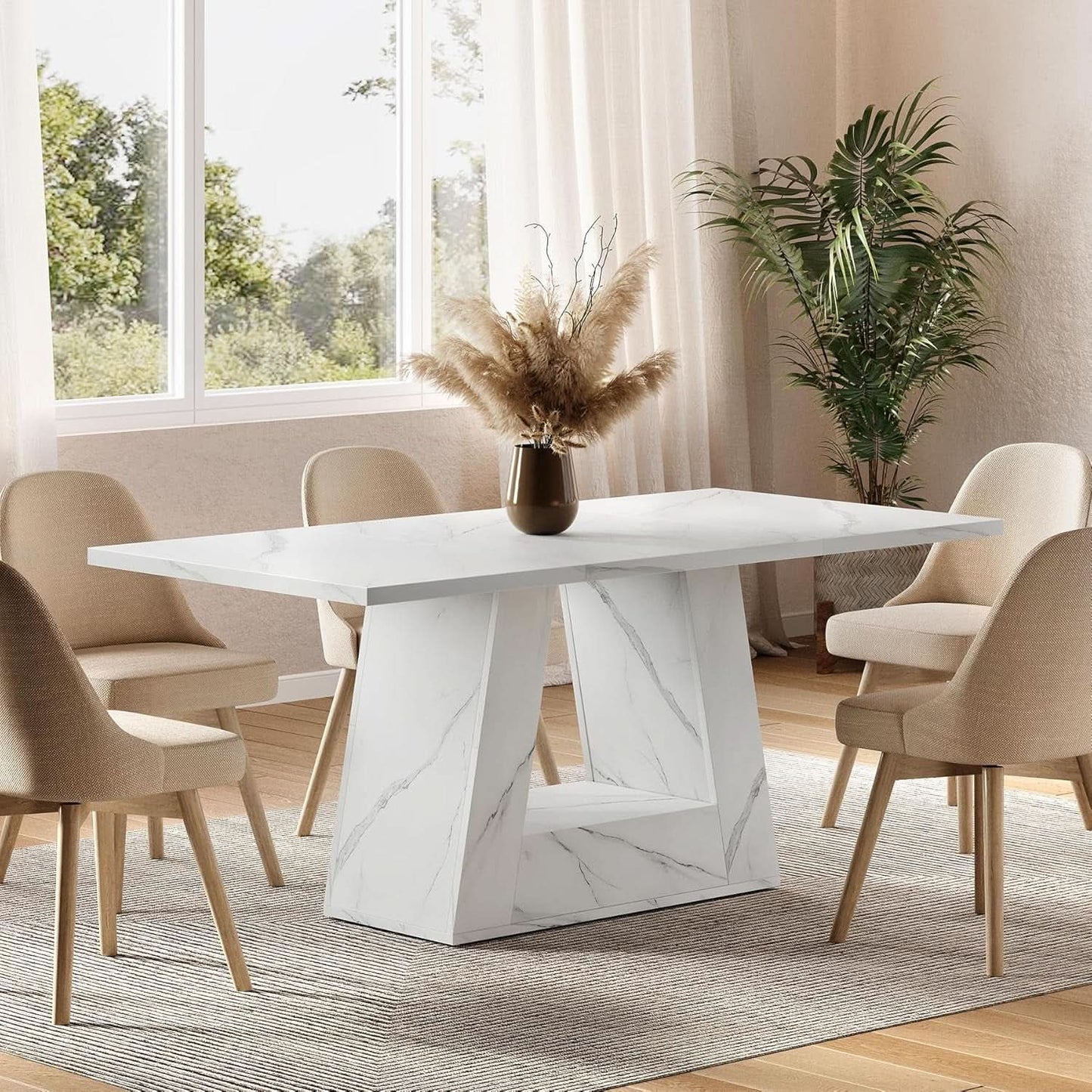 63 Inch White Faux Marble Dining Table Rectangular from PriceLows™