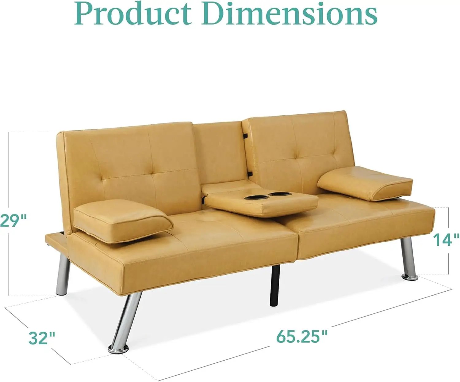 Convertible Futon Sofa Bed in Faux Leather Camel Yellow with Removable Armrests from PriceLows™