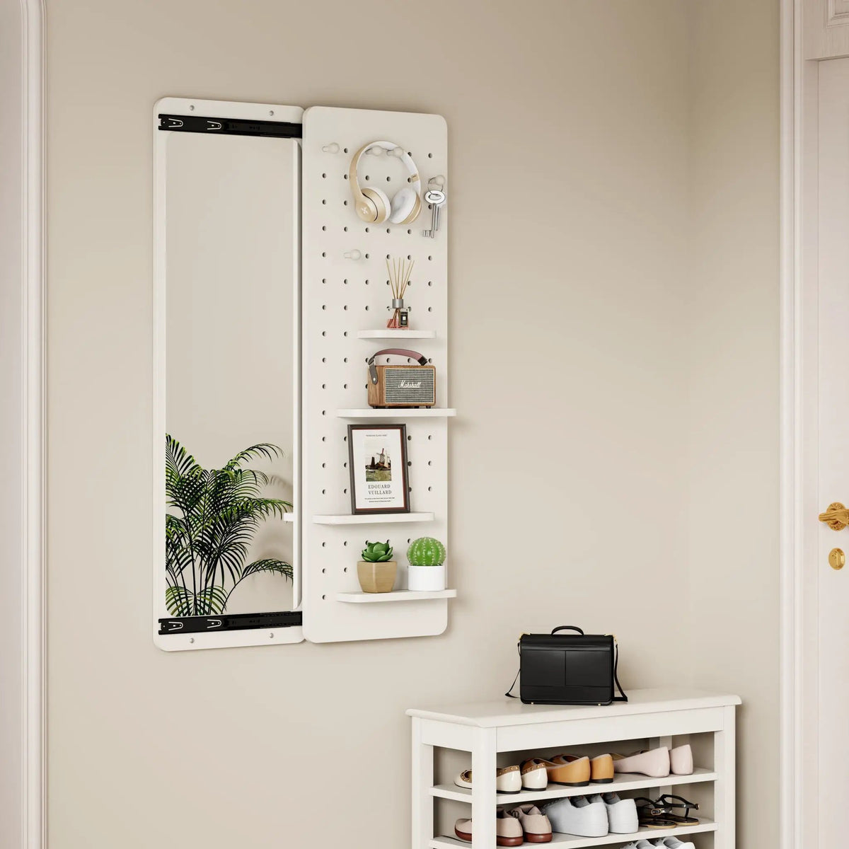 Wall Mounted Full Length Mirror | Shelf And Hook | Solid Rubber Wood | Push-Pull Removable Panel