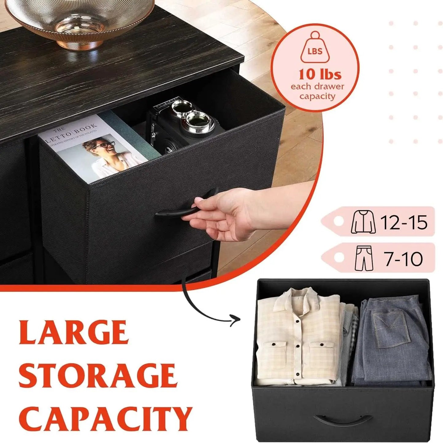 Tall Black Dresser With 10 Drawers And Fabric Bins Storage Organizer from PriceLows™