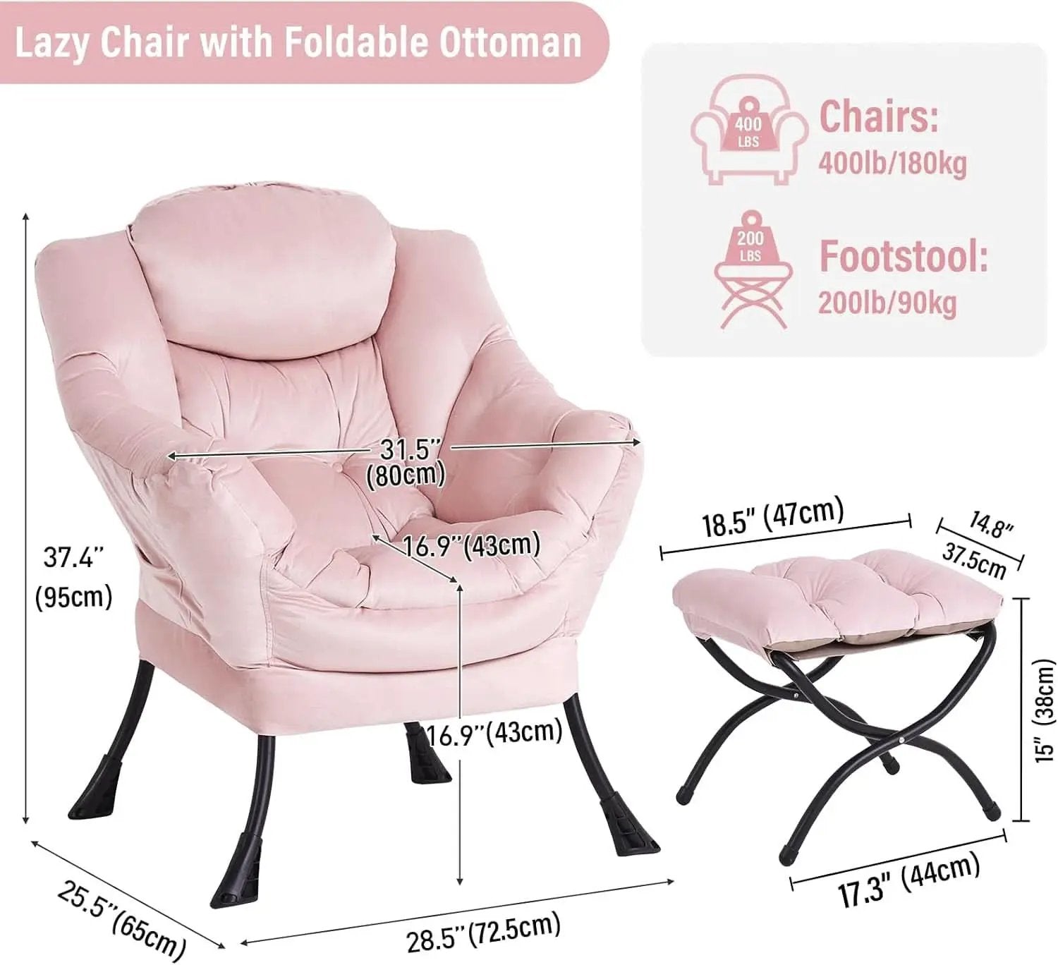Pink Velvet Lounge Chair With Folding Footrest Ottoman from PriceLows™