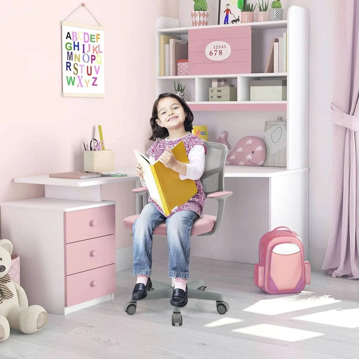 Kids Desk Chair Pink Height Adjustable Lumbar Support from PriceLows™