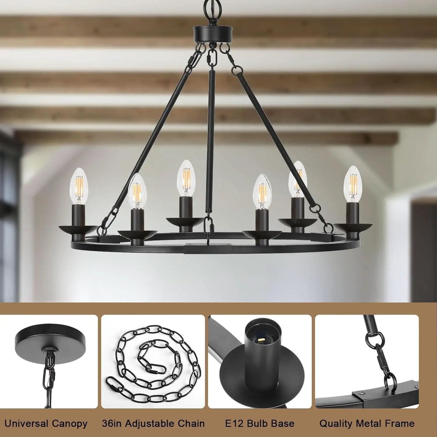 Black Farmhouse Wagon Wheel Chandelier Six Light Fixture from PriceLows™