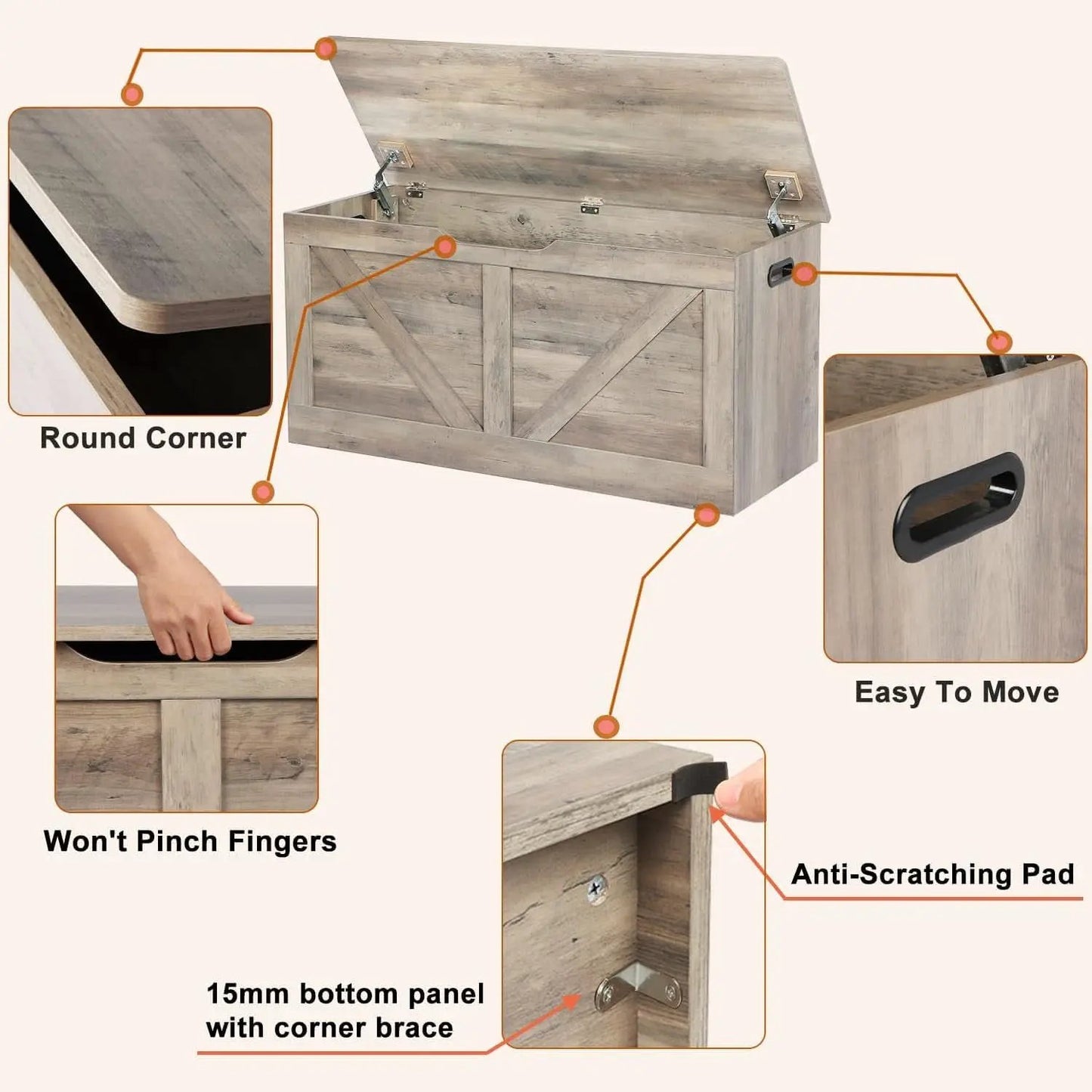 Grey Wooden Entryway Storage Bench Chest With Safety Hinges 39.4 Inch from PriceLows™