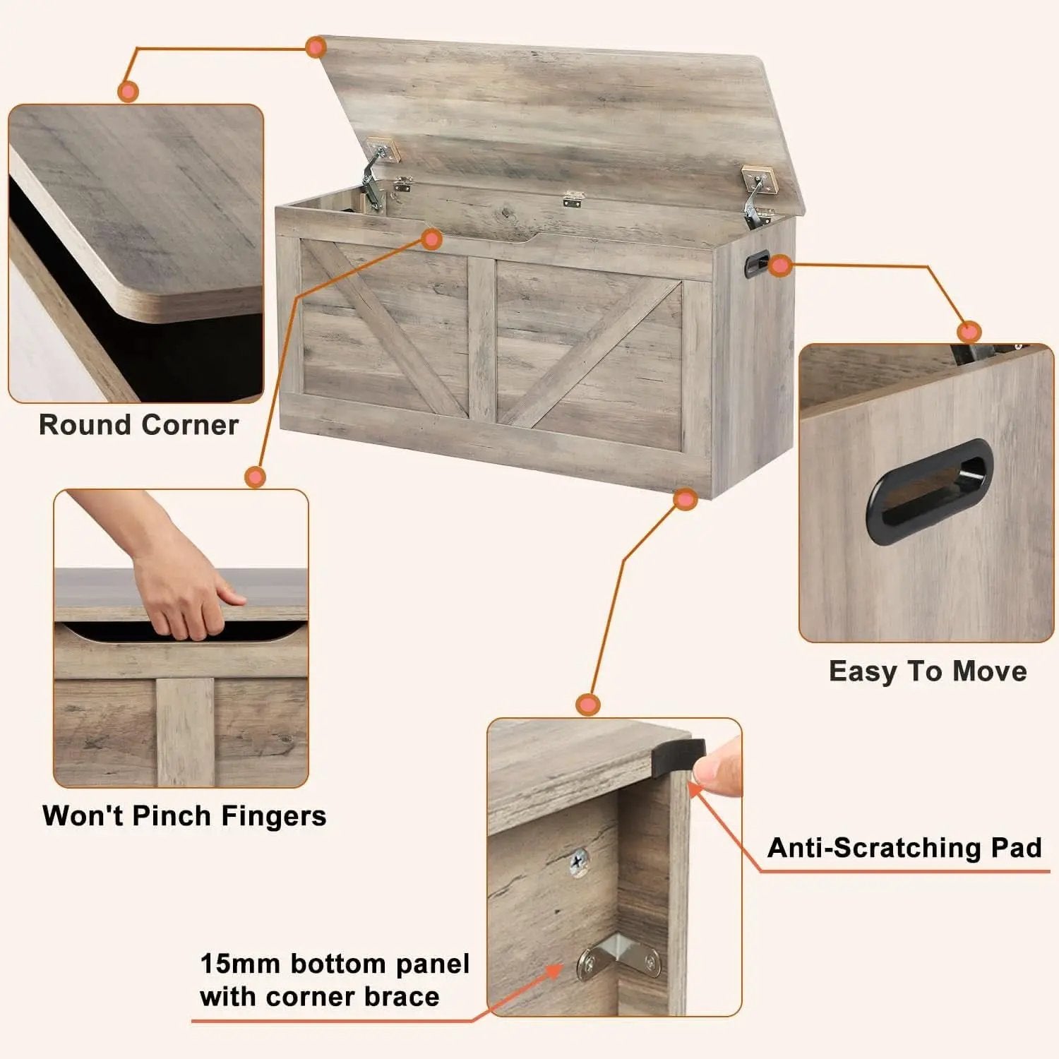 Grey Wooden Entryway Storage Bench Chest With Safety Hinges 39.4 Inch from PriceLows™