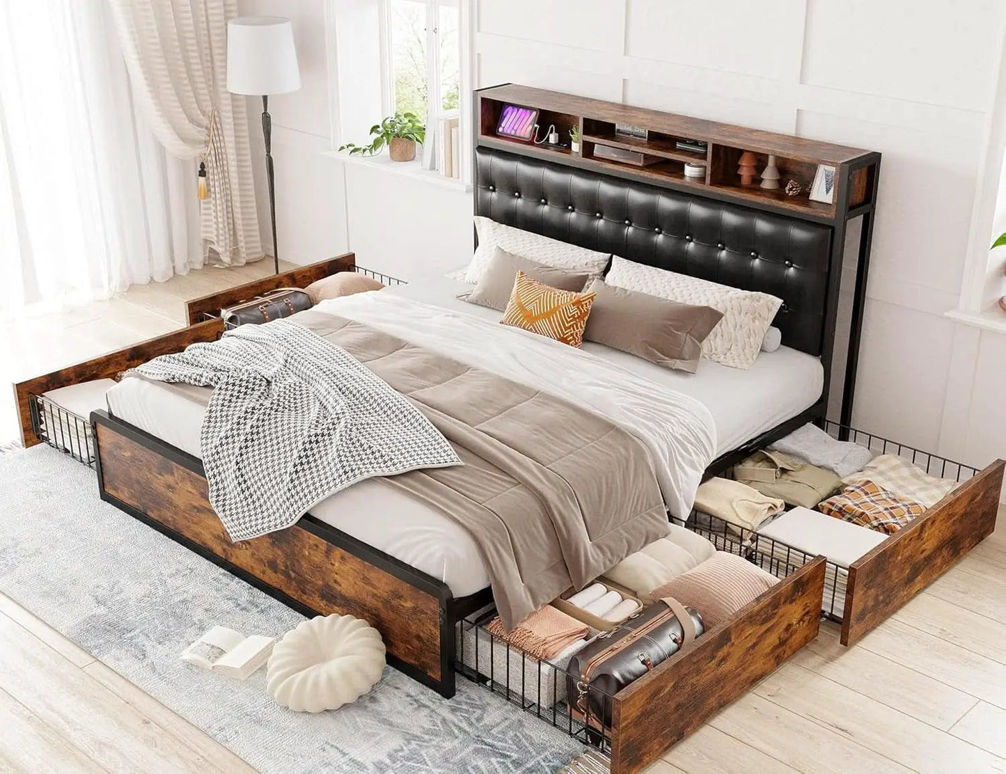 Queen Bed Frame With 4 Storage Drawers And Charging Station from PriceLows™