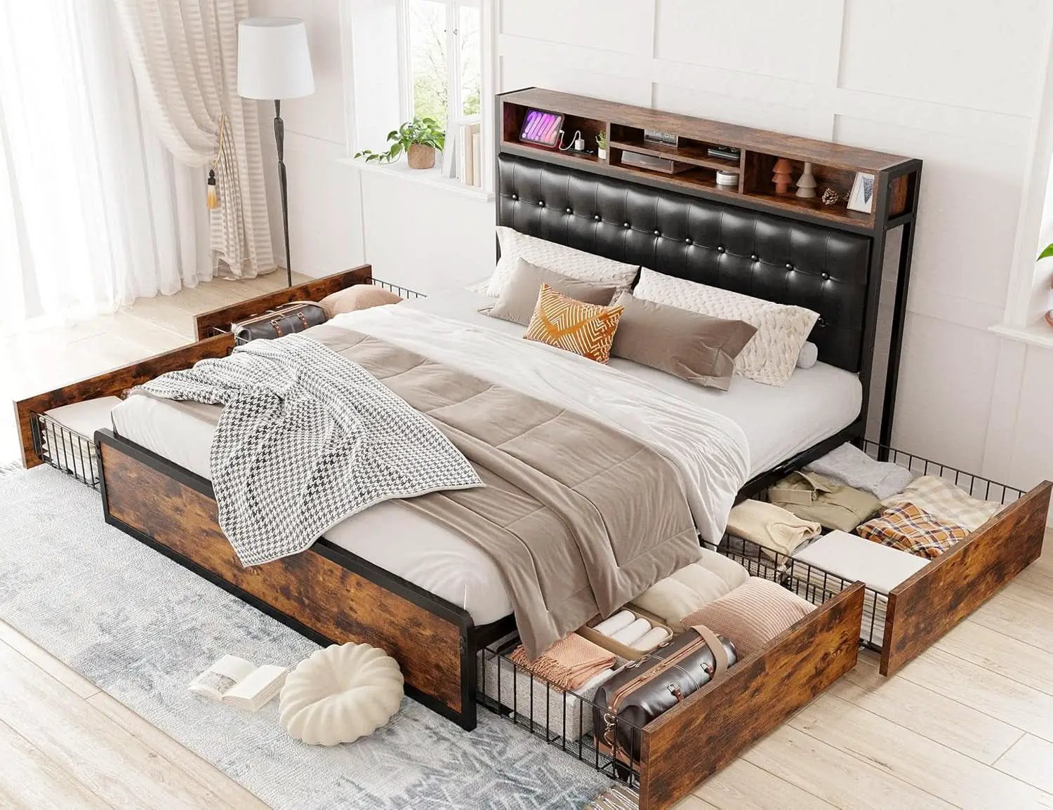 Queen Bed Frame With 4 Storage Drawers And Charging Station from PriceLows™