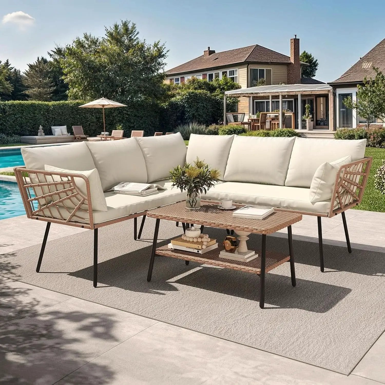 L Shape Outdoor Couch Set with Thick Cushions from PriceLows™
