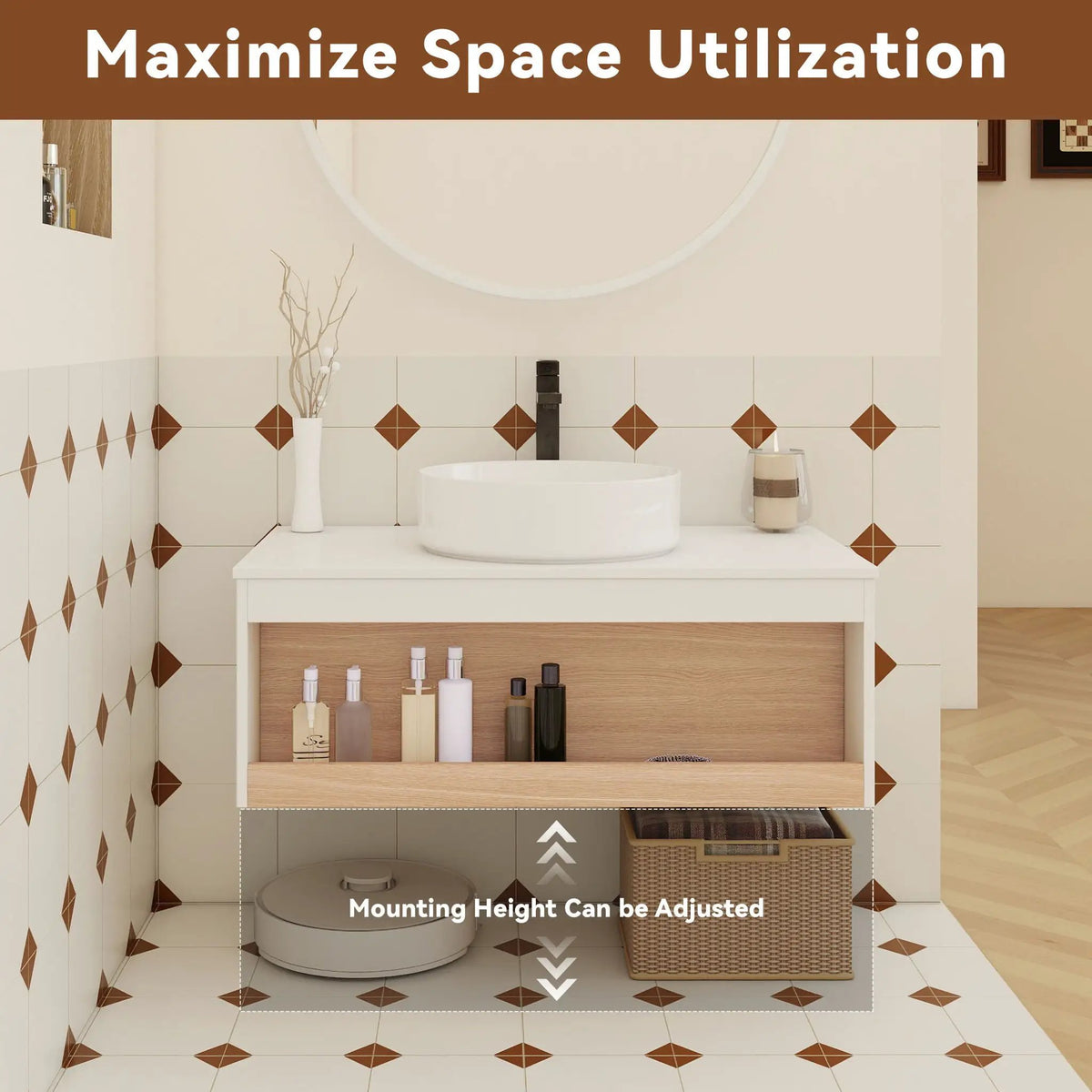 Floating Bathroom Vanity | Round Glossy Sink | Wall Mounted | Compact Design