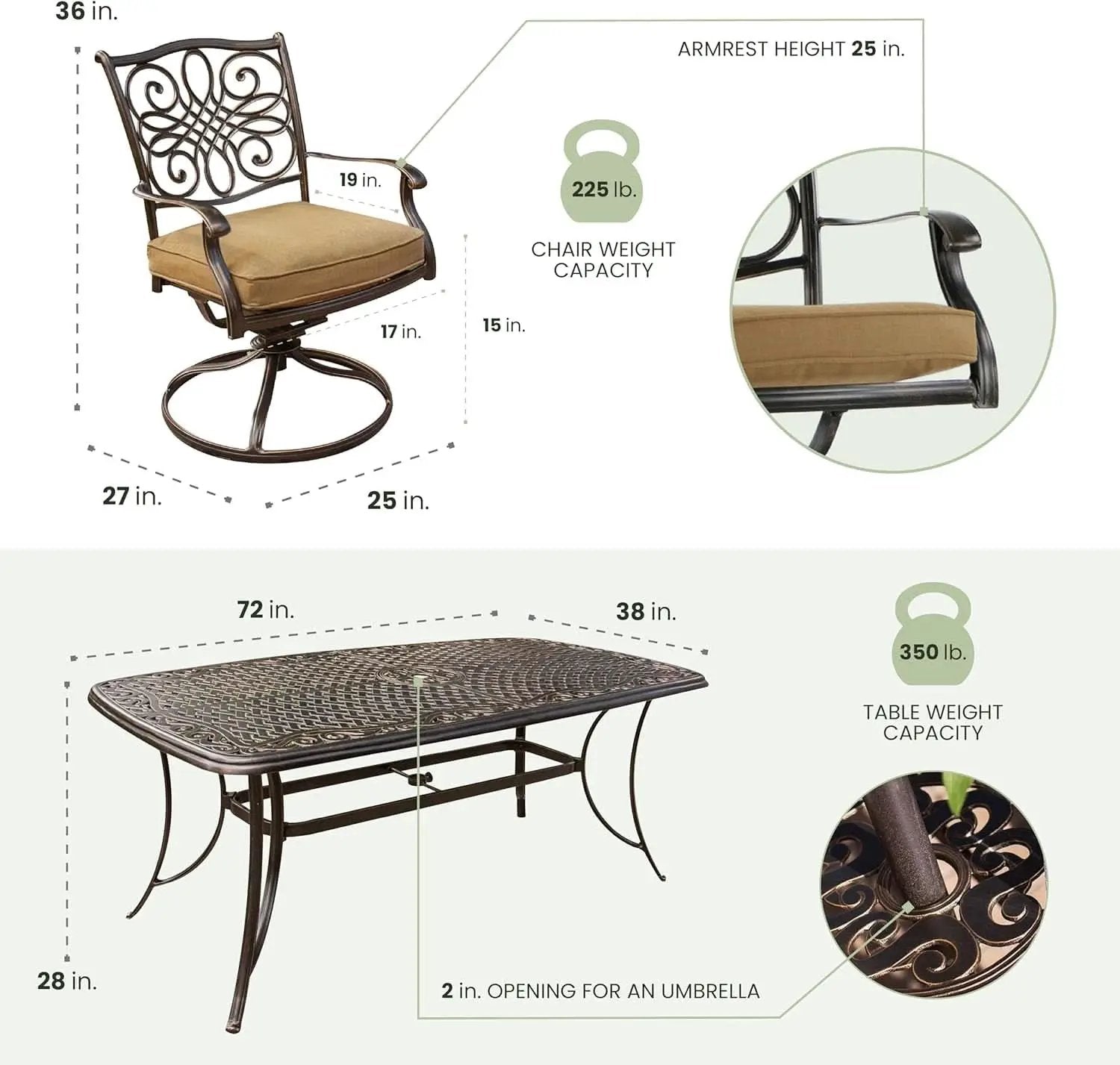 7 Piece Patio Dining Set 6 Swivel Chairs Tan Cushions 38x72 from PriceLows™