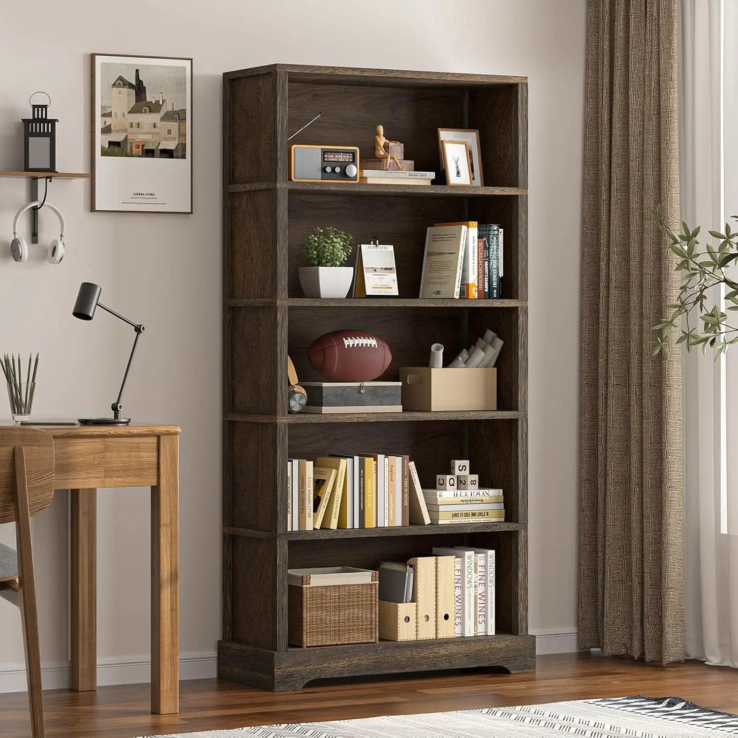 65 Inch Solid Hardwood Bookshelf With Five Tier Open from PriceLows™