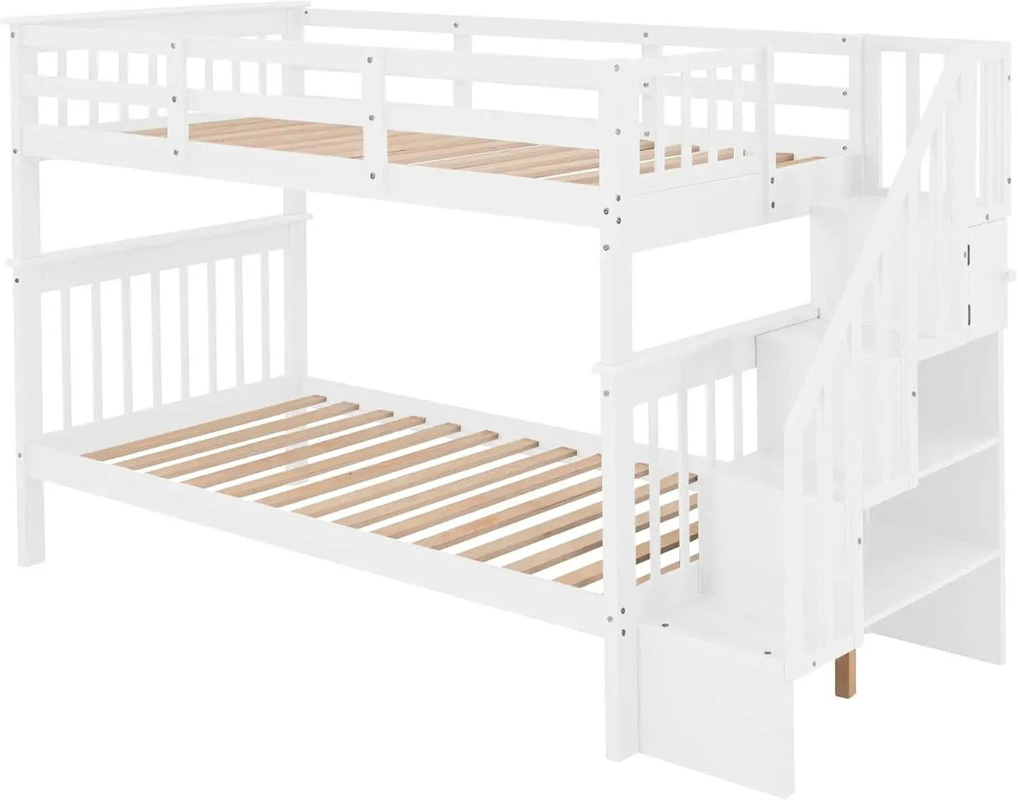 Twin Over Twin Bunk Bed With Stairs Solid Wood White from PriceLows™