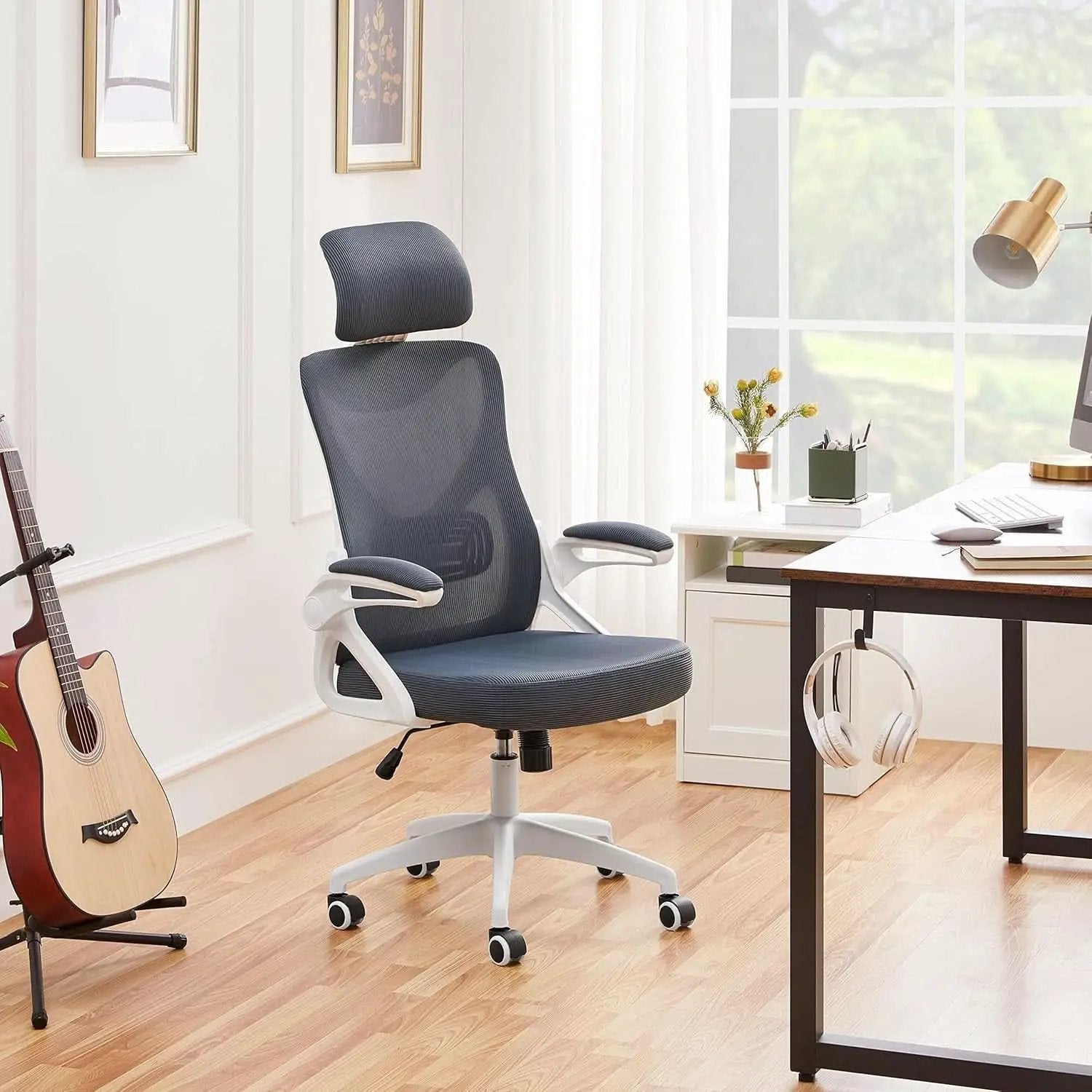 Ergonomic Mesh Office Chair White Gray With Flip Up Armrests from PriceLows™