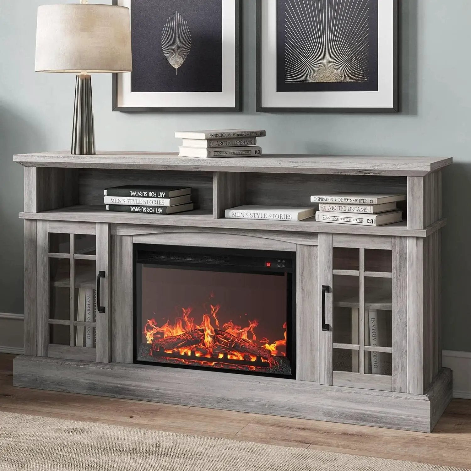 58 Inch Rustic TV Stand With Electric Fireplace And Storage from PriceLows™