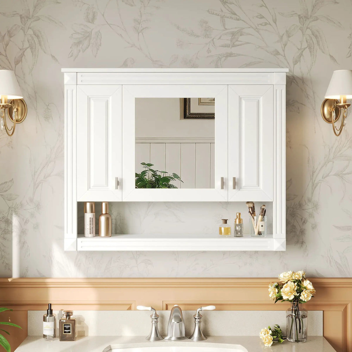 White Wall-Mounted Bathroom Cabinet | Mirror | Open Shelf | 35 Inch Width