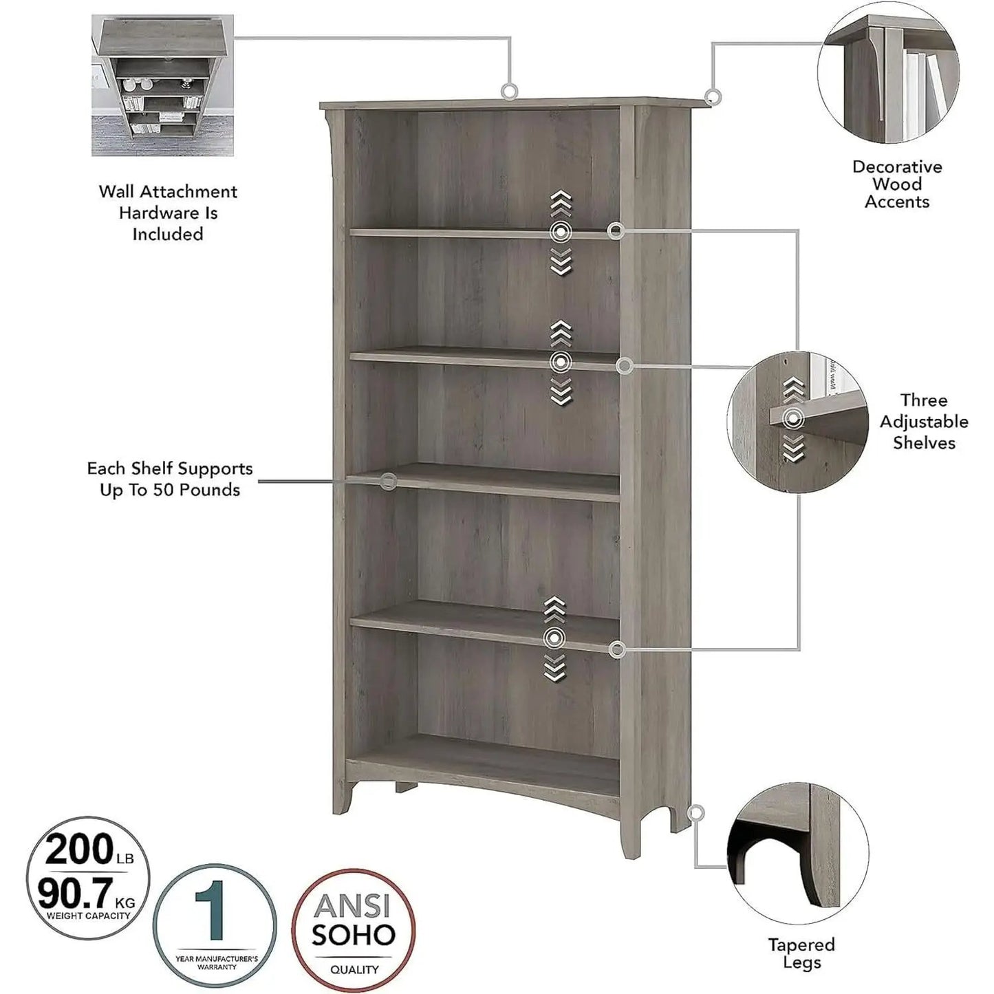 Salinas 63 Inch High Bookcase Driftwood Gray Modern from PriceLows™