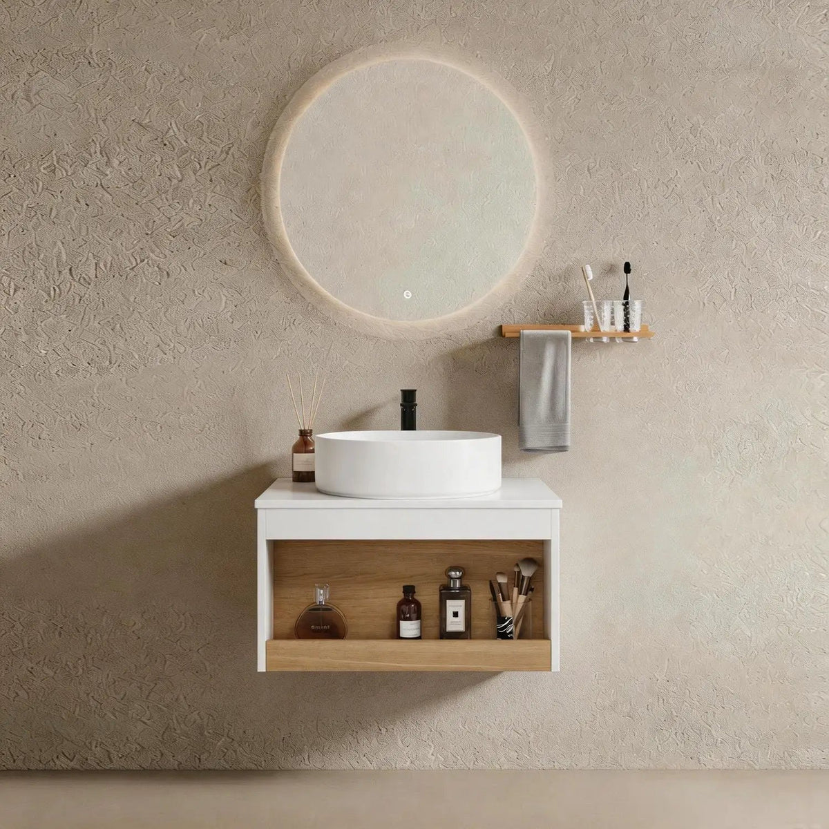 Floating Bathroom Vanity | Round Glossy Sink | Wall Mounted | Compact Design