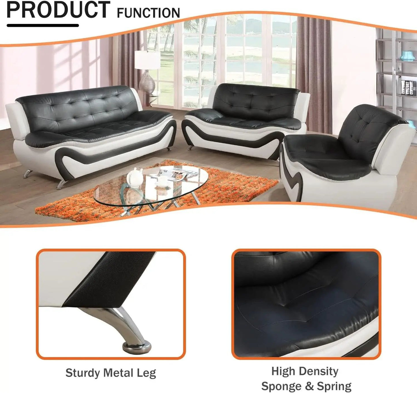 Living Room Faux Leather Sofa Set 3 Piece Black White from PriceLows™