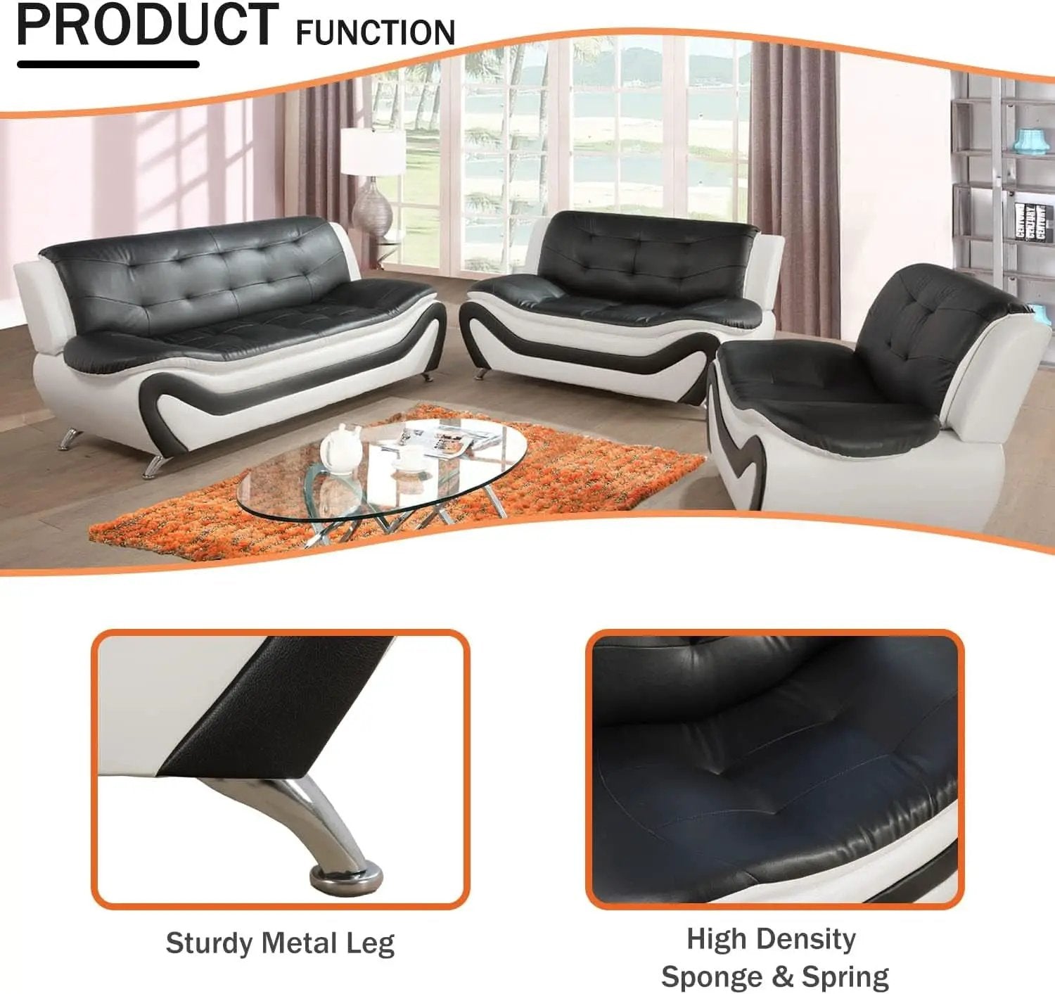 Living Room Faux Leather Sofa Set 3 Piece Black White from PriceLows™