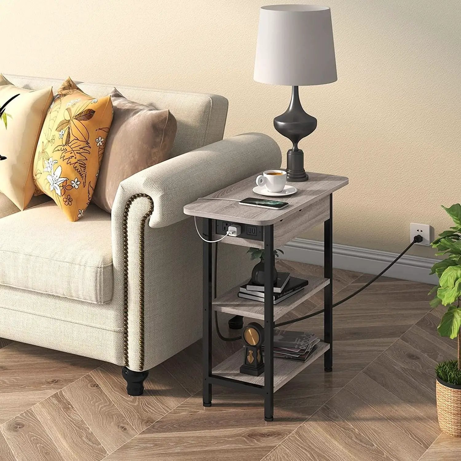 End Table With Vertical Charging Station And USB Outlets Greige from PriceLows™