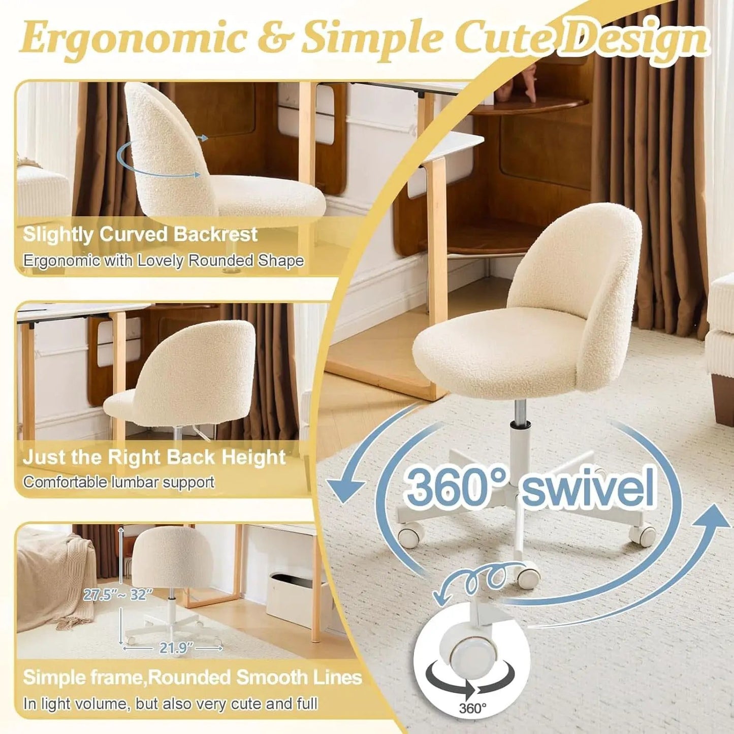 Armless Creamy Beige Teddy Fleece Office Desk Chair With Wheels from PriceLows™
