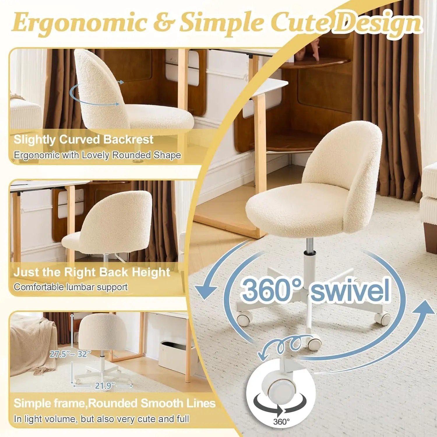 Armless Creamy Beige Teddy Fleece Office Desk Chair With Wheels from PriceLows™