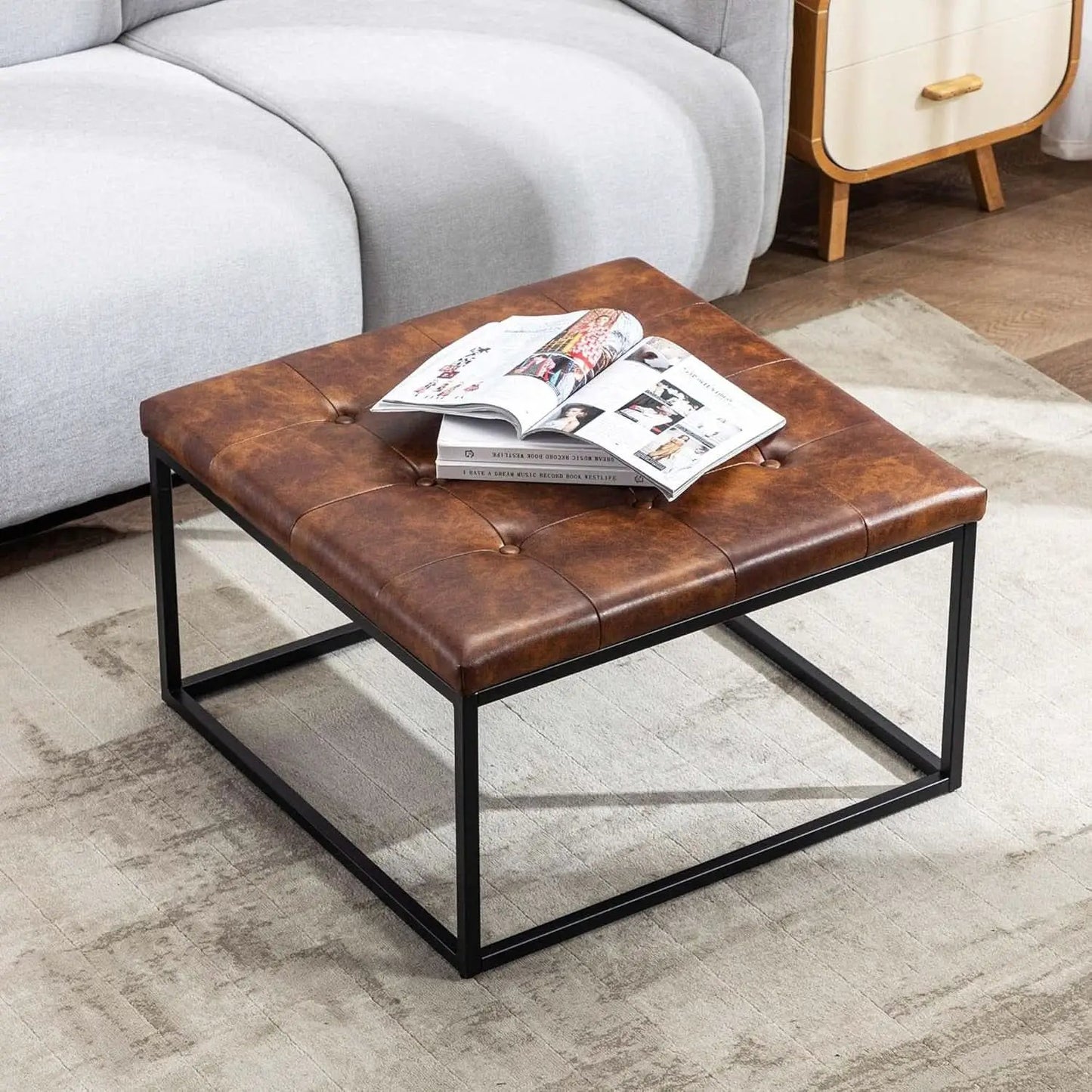 Yellowish-Brown Faux Leather Ottoman Coffee Table Sturdy from PriceLows™